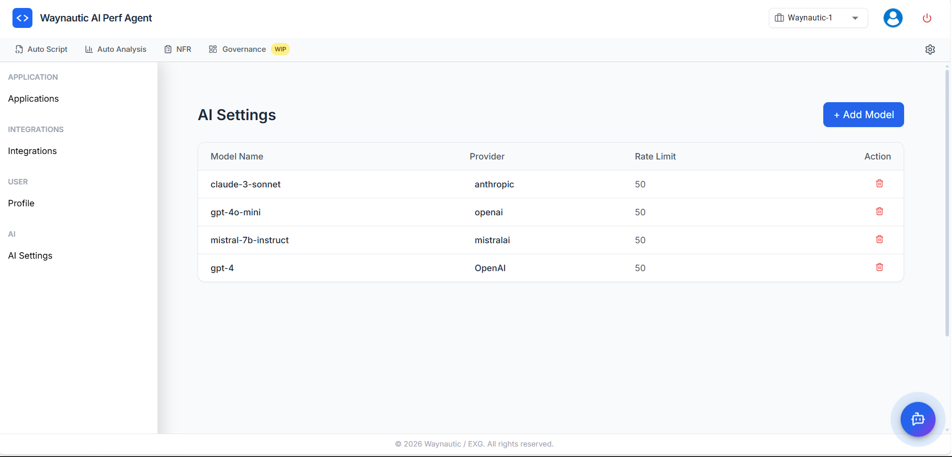 Settings — AI Settings page showing the model configuration table with Model Name, Provider, Rate Limit columns and a delete action per model, plus an Add Model button