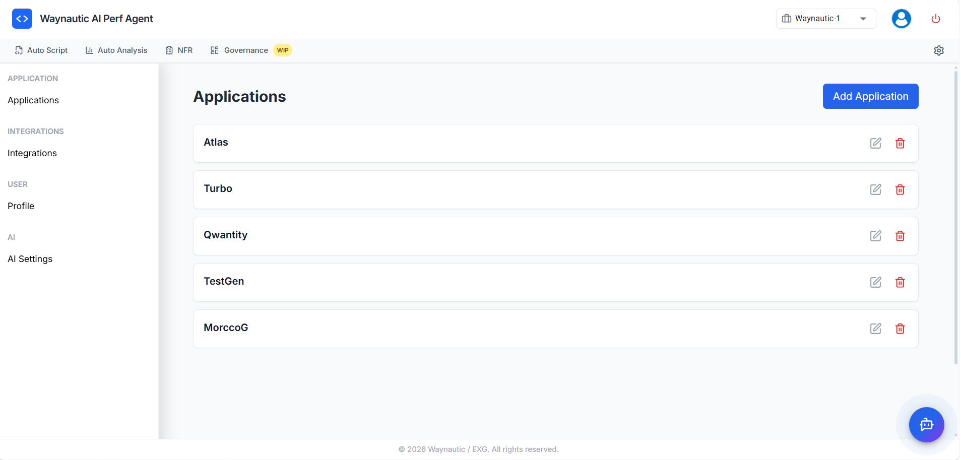 Settings — Applications page showing the application list with Add Application button and edit/delete actions per entry