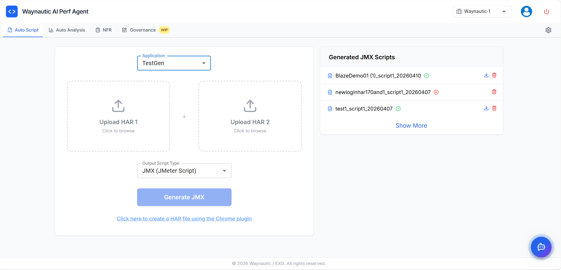 Auto Script main screen — Application dropdown, HAR upload areas, Generate JMX button, and Generated JMX Scripts panel