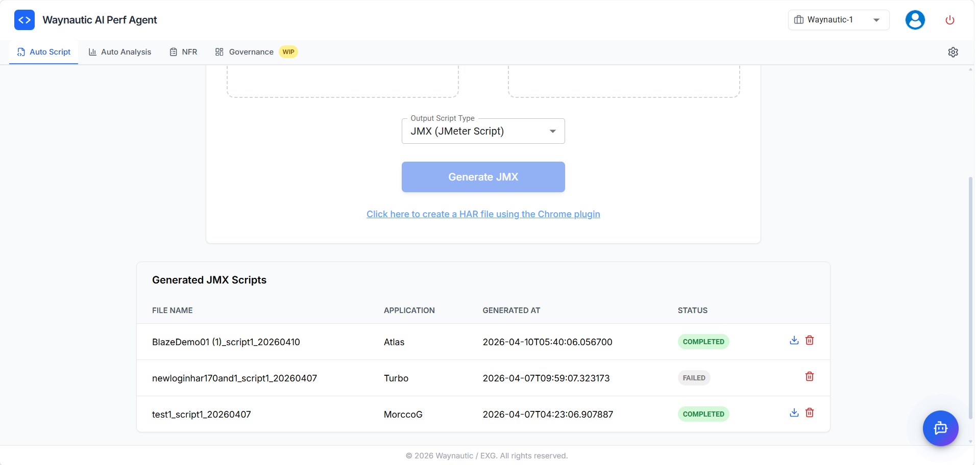 Generated JMX Scripts panel — expanded table view showing COMPLETED and FAILED status entries with download and delete actions