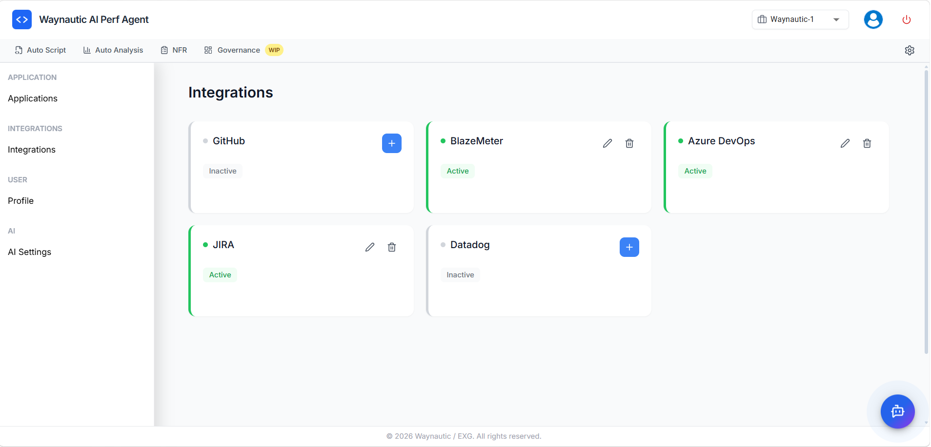 Settings — Integrations page showing five integration cards: GitHub (Inactive), BlazeMeter (Active), Azure DevOps (Active), JIRA (Active), Datadog (Inactive)