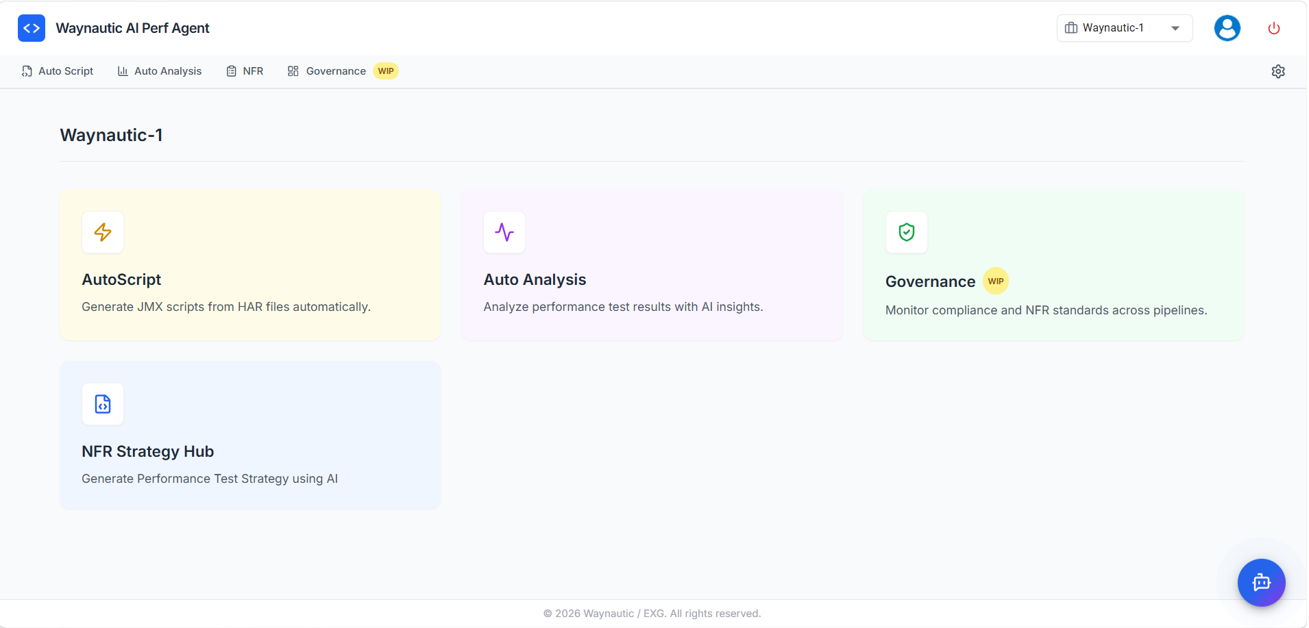 Perf Agent landing page showing the four component cards — AutoScript, Auto Analysis, NFR Strategy Hub, and Governance