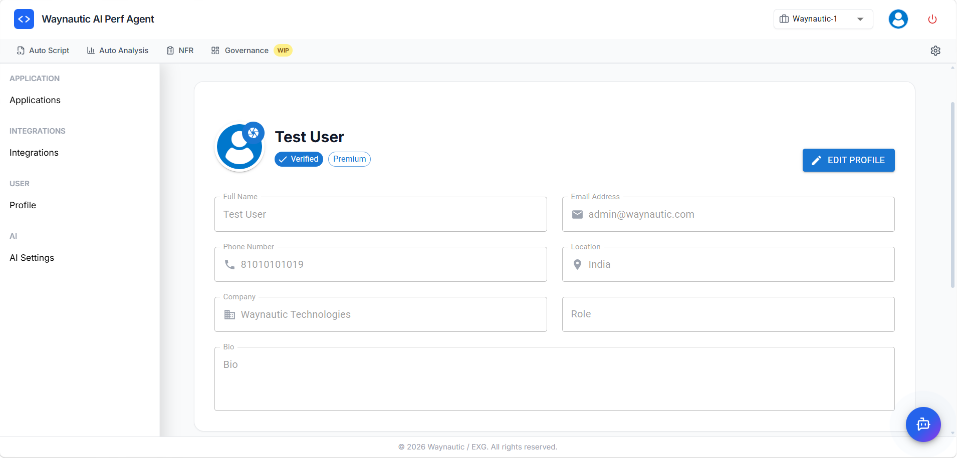 Settings — Account Settings page showing user profile fields: Full Name, Email Address, Phone Number, Location, Company, Role, and Bio with an Edit Profile button