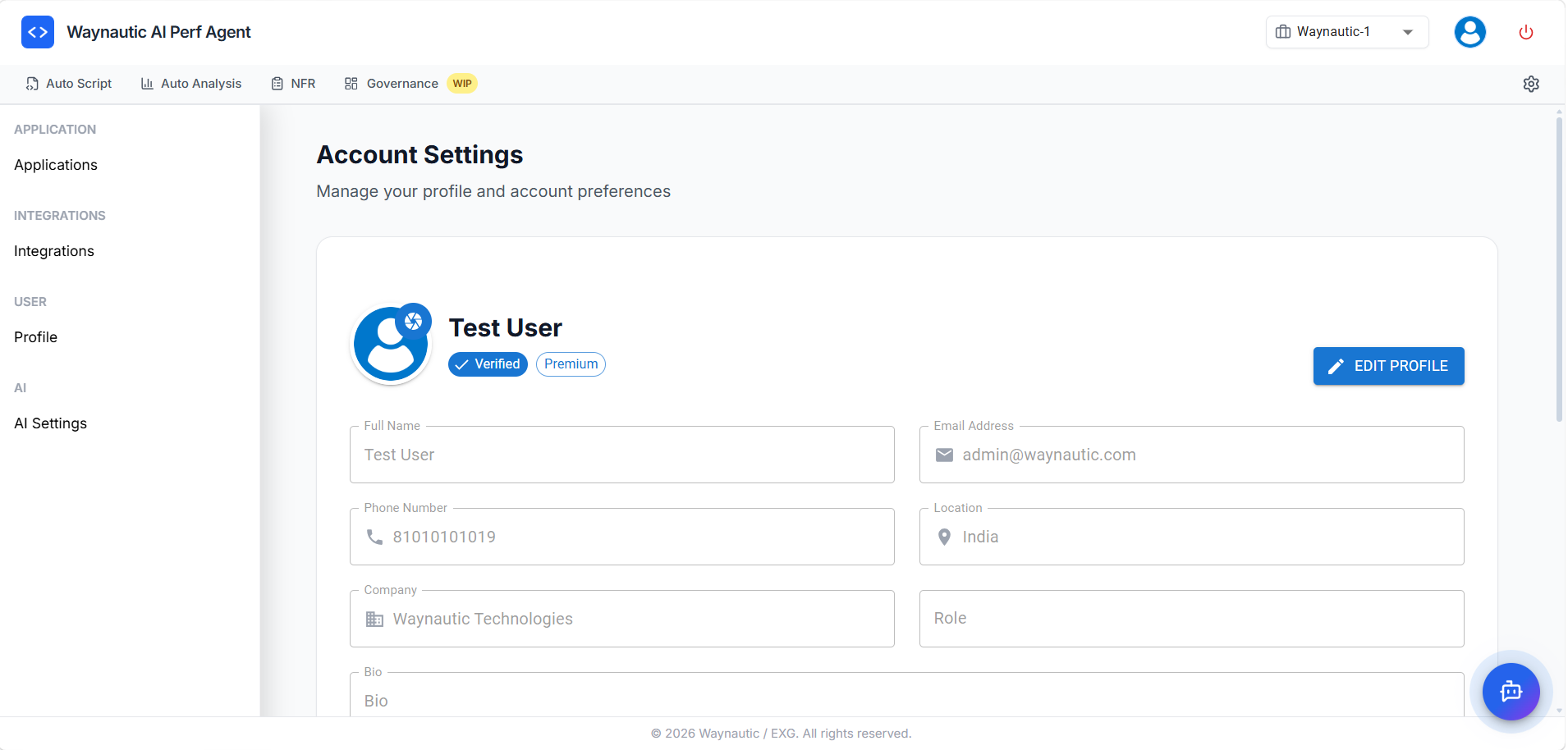 Settings page showing the left-hand navigation with Applications, Integrations, Profile, and AI Settings sections