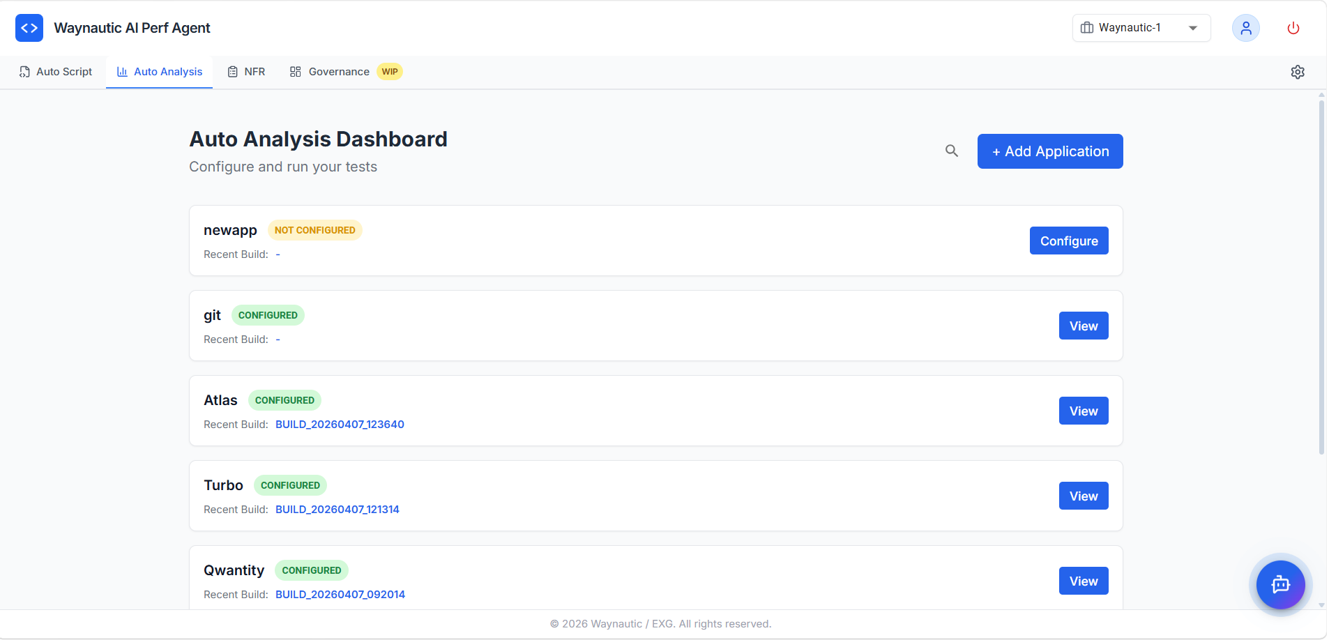 Auto Analysis Dashboard showing configured and not-configured applications with View and Configure actions
