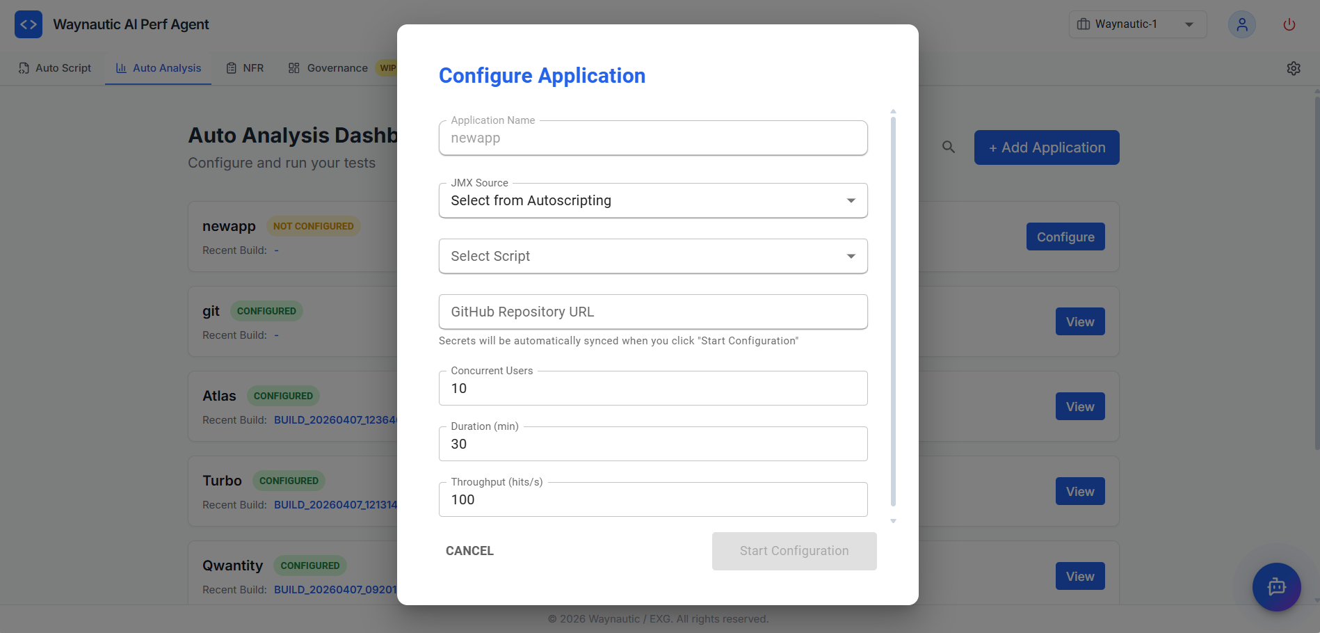 Configure Application panel showing JMX Source, Select Script, GitHub Repository URL, Concurrent Users, Duration, and Throughput fields