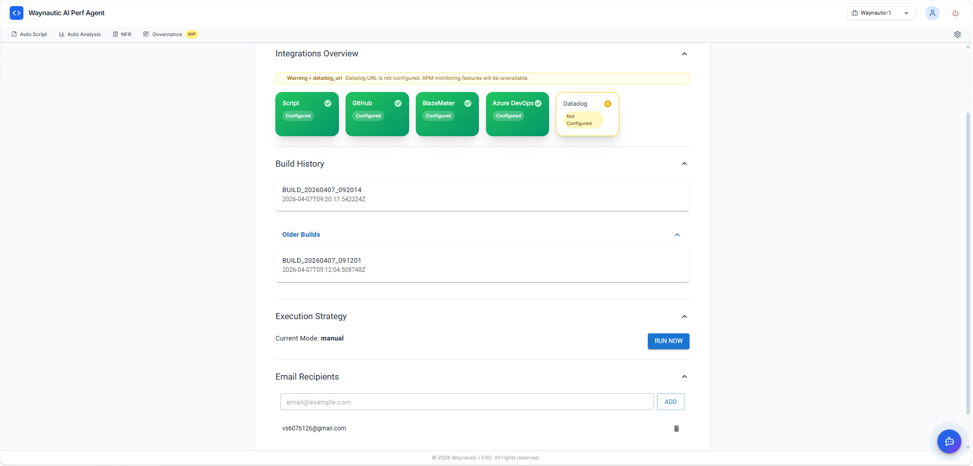 Application detail page for Qwantity showing four sections: Integrations Overview, Build History, Execution Strategy, and Email Recipients