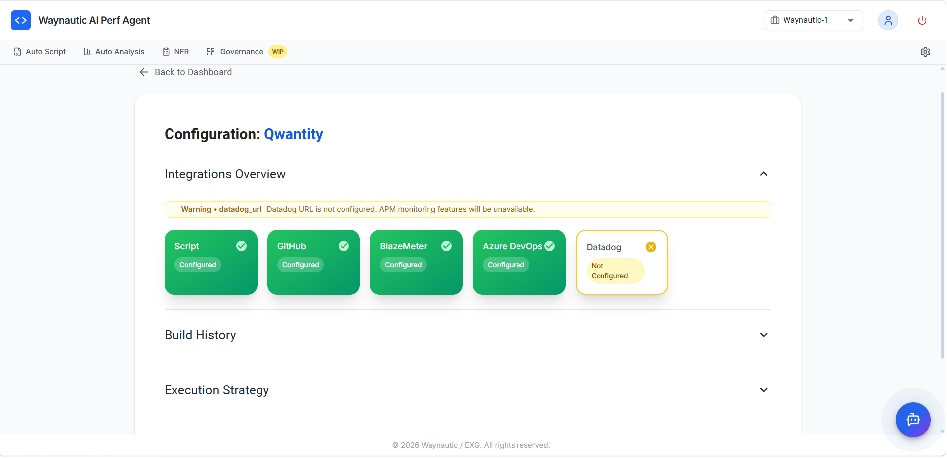 Integrations Overview expanded showing Script (Configured), GitHub (Configured), BlazeMeter (Configured), Azure DevOps (Configured), and Datadog (Not Configured) status tiles