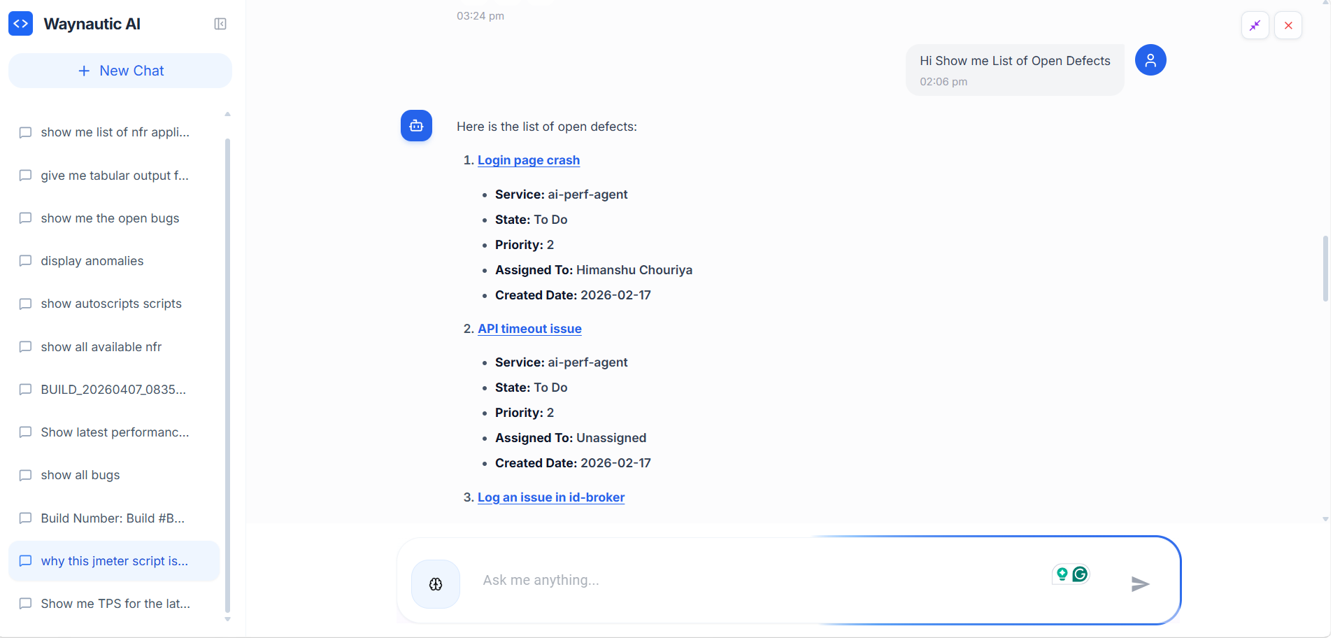 AI Chatbot panel showing a conversation — user asks "show me list of nfr applications" and the chatbot responds with a table of 11 NFR applications with ID, Status, and Created On columns