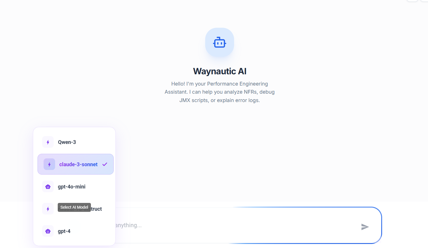 Model selector showing available models: Qwen-3, claude-3-sonnet (selected), gpt-4o-mini, mistral-7b-instruct, gpt-4