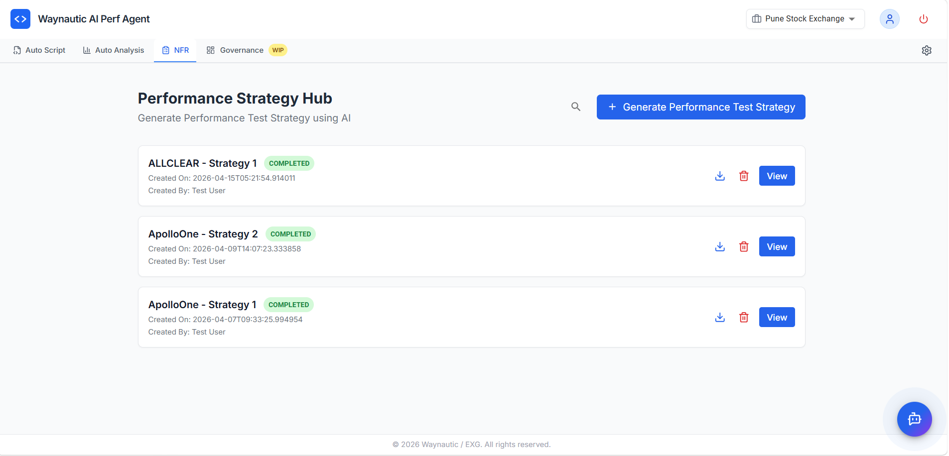 NFR Strategy Hub dashboard showing completed strategies with View, Download, and Delete actions