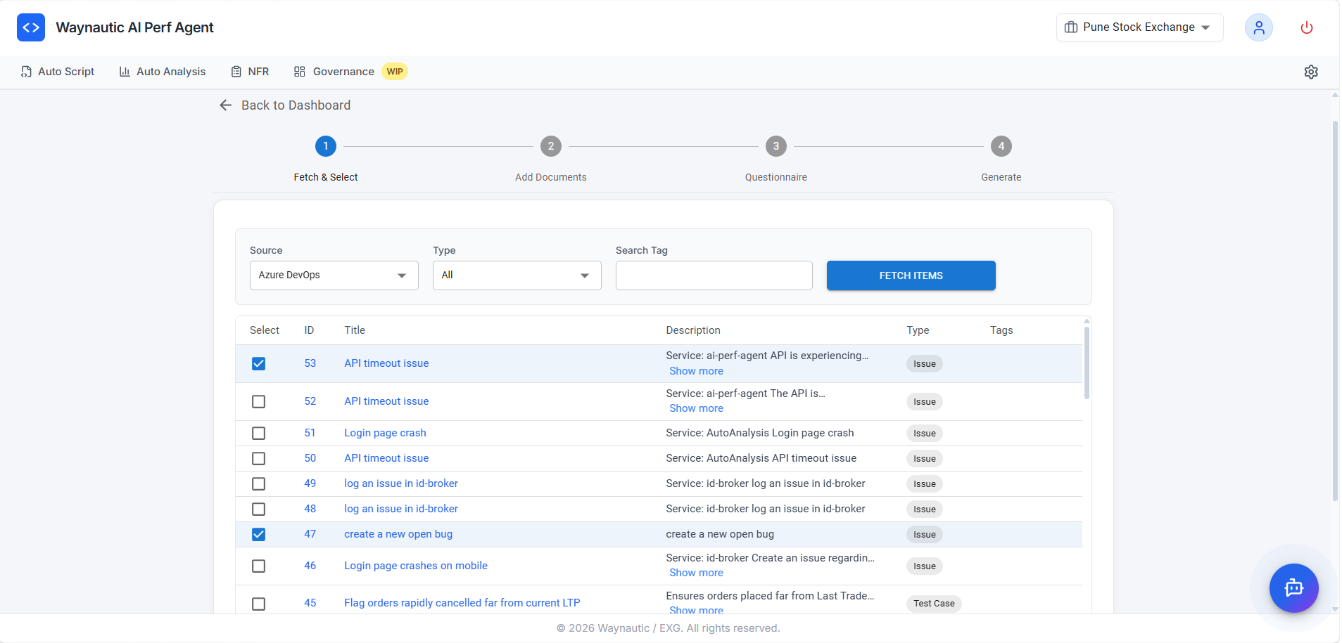Fetch &amp; Select step showing Azure DevOps source dropdown, Type filter, Search Tag field, and a table of fetched issues with Select checkboxes