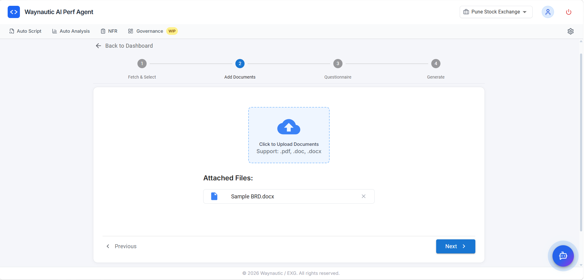 Add Documents step showing a dashed upload area with a cloud icon and "Attached Files: No files selected" placeholder