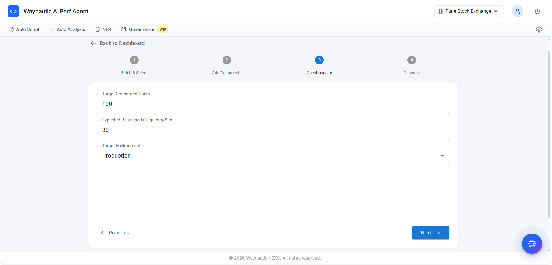Questionnaire step with three input fields: Target Concurrent Users, Expected Peak Load (Requests/Sec), and Target Environment dropdown
