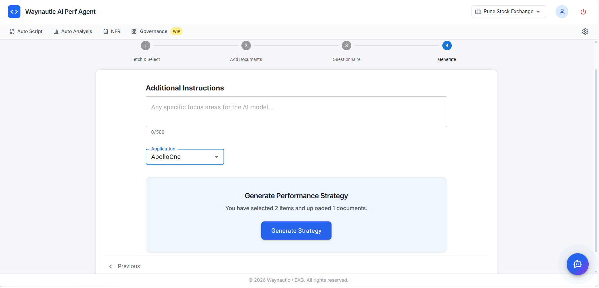 Generate step showing an Additional Instructions text area, an Application dropdown set to "newapp", and a Generate Performance Strategy panel with a Generate Strategy button
